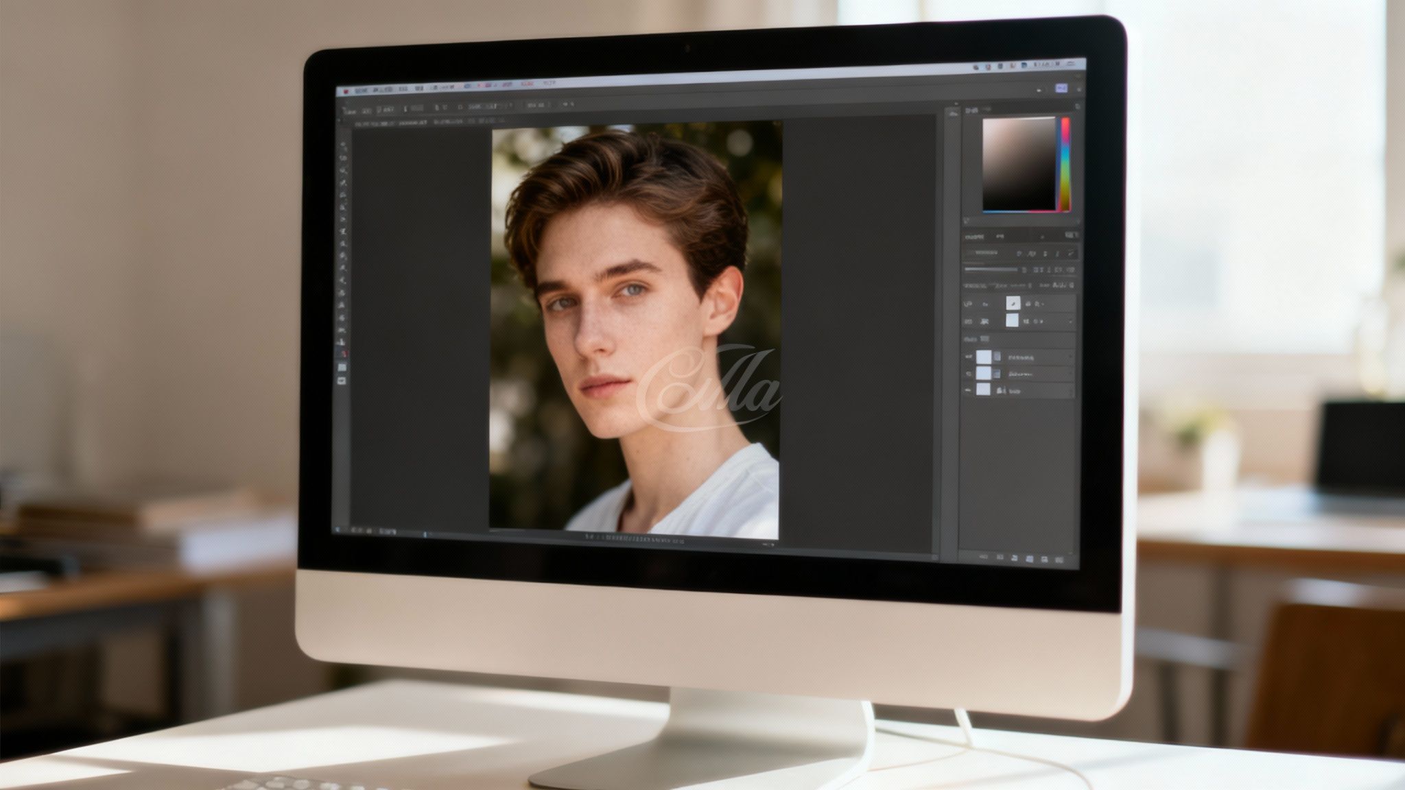 A computer screen shows a young man's portrait in image editing software, on a bright desk.