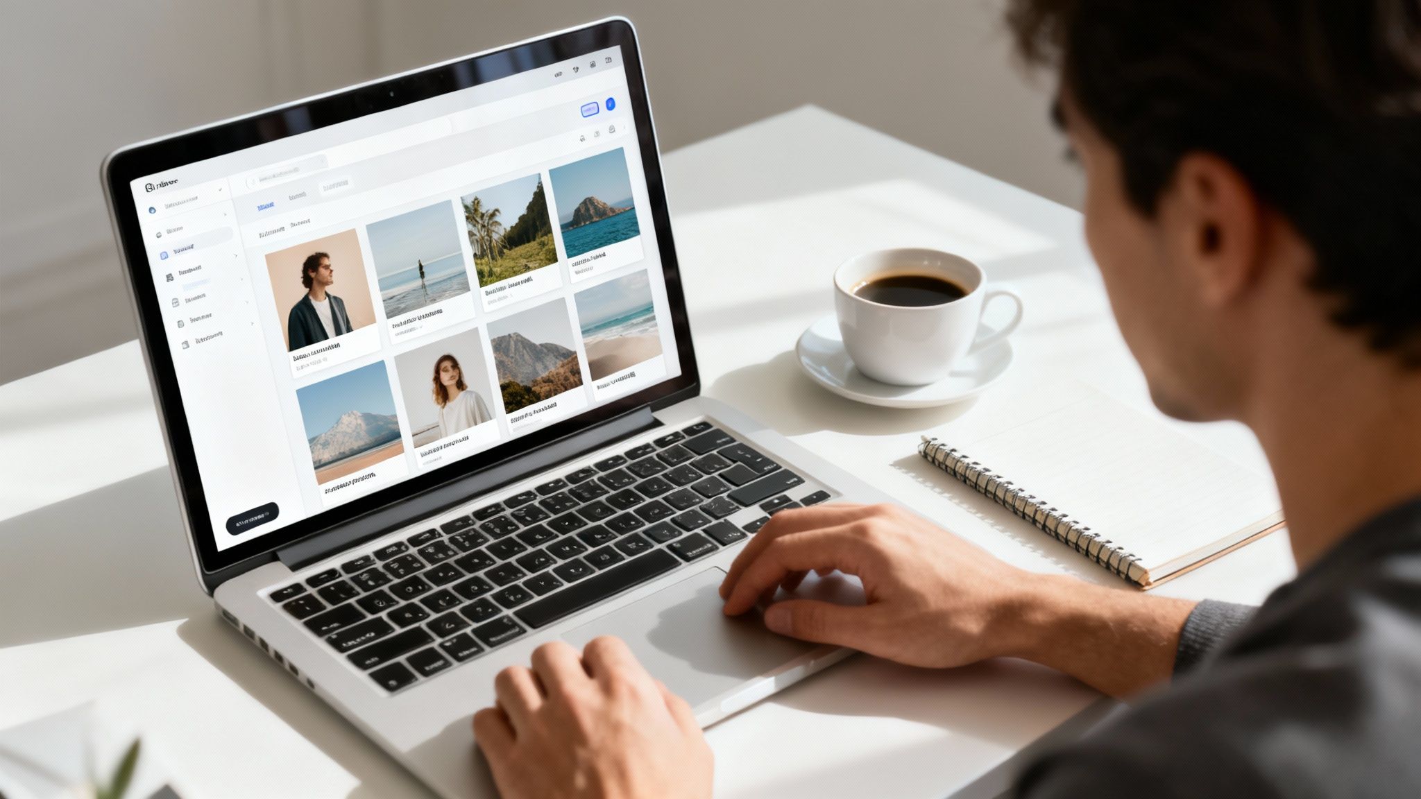Over-the-shoulder view of a person browsing stock images on a laptop with a coffee cup nearby.