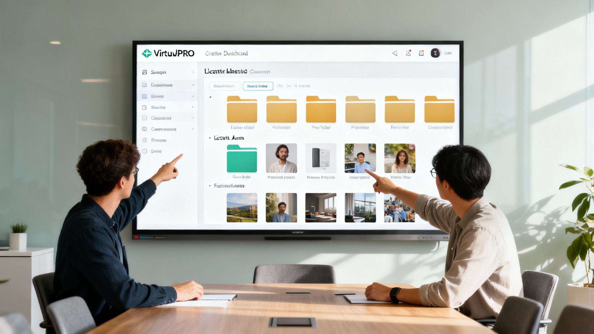 Two men in an office point at a large digital screen with file management software.