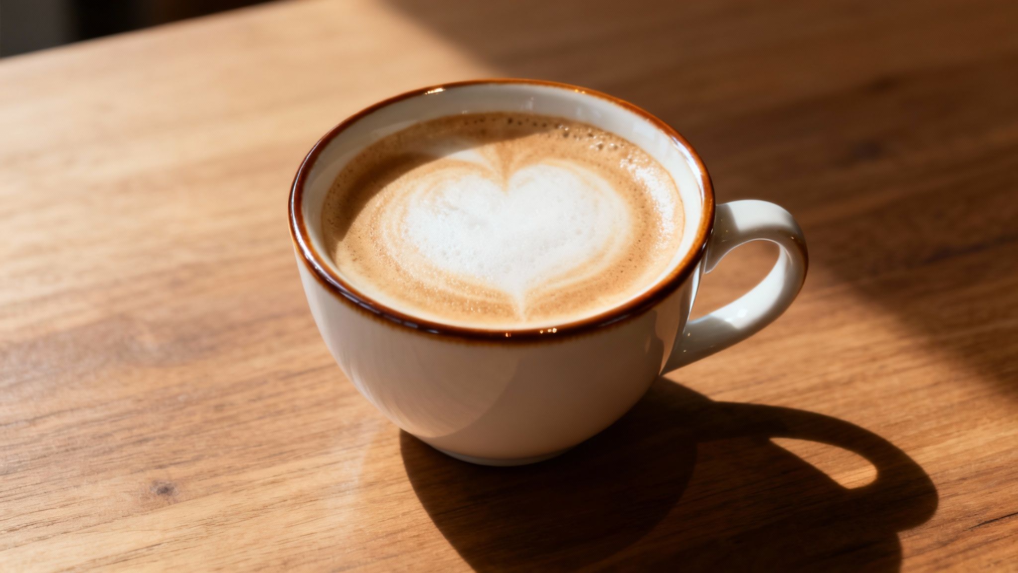 A white cup of coffee with beautiful heart-shaped latte art on a wooden table with natural light.