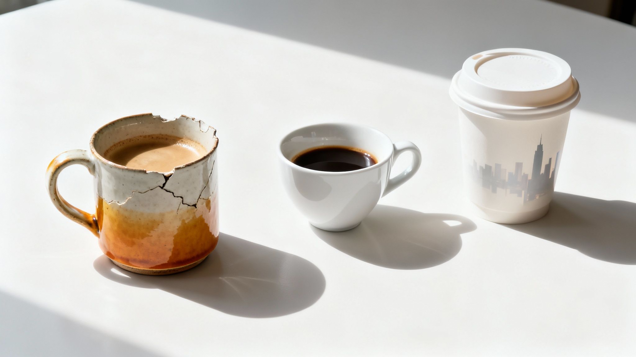 Three distinct coffee cups: a rustic mug, an espresso cup, and a disposable cup, on a sunlit table.