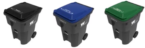 Photo of a trash, recycle, and organics cart.