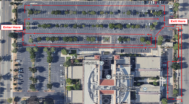 Map of City Hall Parking Lot 1 with traffic patterns