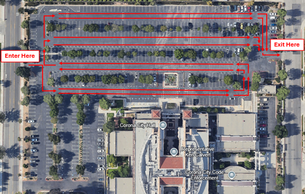 Map of City Hall parking lot with traffic patterns