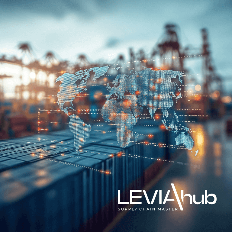 Container portuali con mappa digitale del mondo a rappresentare la supply chain globale, con logo Leviahub