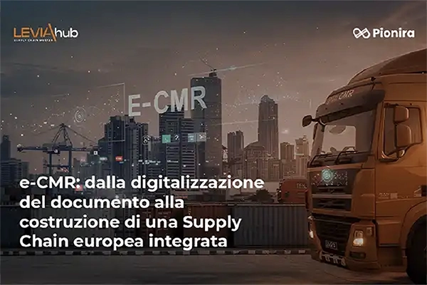 e-CMR e digitalizzazione del trasporto su strada con camion e skyline urbano, rappresentazione di una supply chain europea integrata