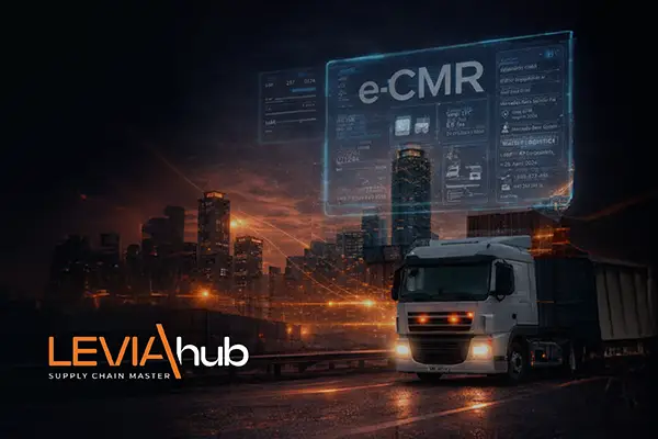 Camión en ruta con interfaz digital e-CMR superpuesta, representando la digitalización del transporte y la gestión inteligente de la supply chain por Leviahub