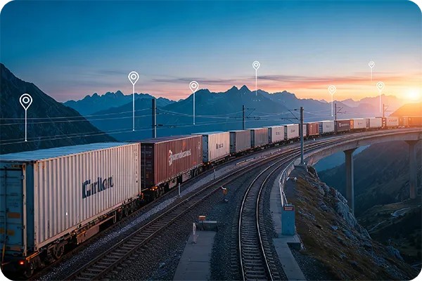 Treno merci intermodale su linea ferroviaria alpina con container e indicatori digitali, simbolo della logistica intelligente e della supply chain connessa
