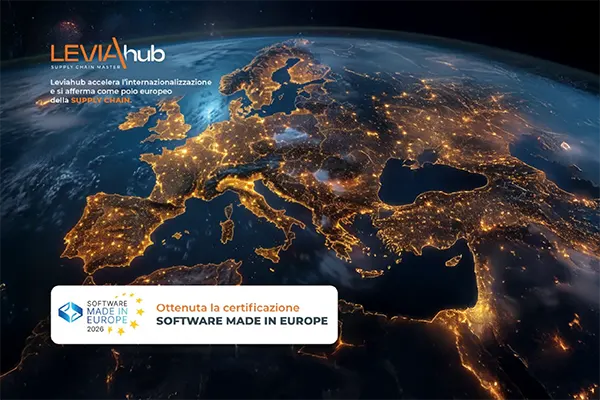 Vista satellitare dell’Europa illuminata di notte con branding Leviahub e certificazione Software Made in Europe 2026, simbolo dell’internazionalizzazione e della supply chain digitale europea