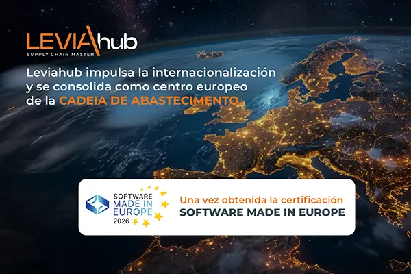 Vista satelital de Europa iluminada por la noche con el logotipo de Leviahub y la certificación «Software Made in Europe 2026», símbolo de la internacionalización y de la cadena de suministro digital europea