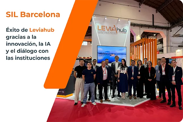 Equipo de Leviahub en el stand D414 durante SIL Barcelona 2026, presentando soluciones de Inteligencia Artificial y digitalización de la cadena de suministro para logística y transporte.