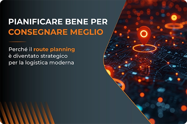 Illustrazione di un sistema di route planning con un indicatore di posizione su una mappa digitale, simbolo dell’ottimizzazione dei percorsi e della logistica moderna.