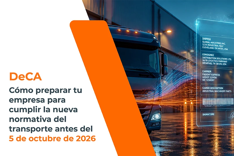 Camión de transporte con representación digital del Documento Electrónico de Control Administrativo (DeCA), obligatorio en España a partir del 5 de octubre de 2026.