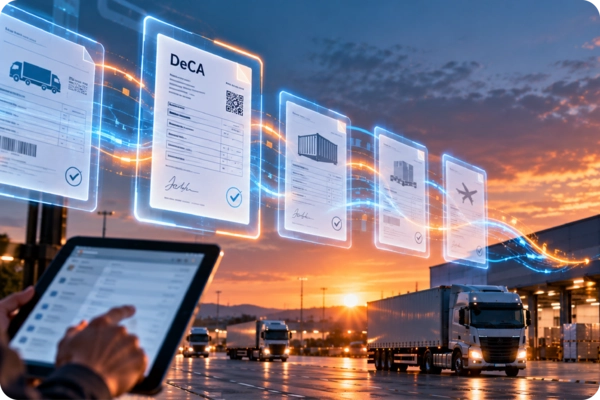 Digitalización de documentos de transporte con el DeCA, documentos electrónicos conectados y camiones de mercancías en un entorno logístico.