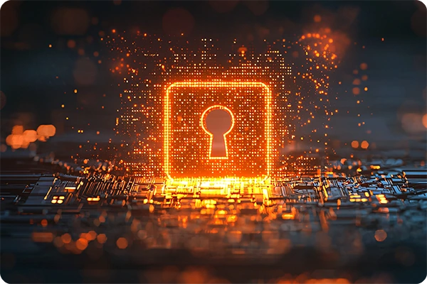 Icona di un lucchetto digitale luminoso su un circuito elettronico, simbolo di Cyber Security e protezione dalle frodi informatiche aziendali.