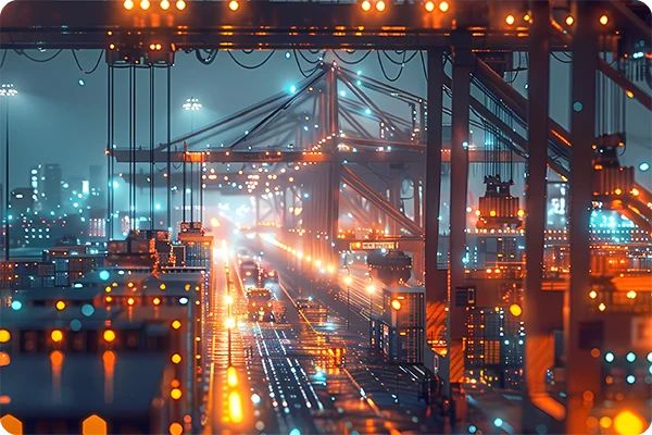 Terminal portuale notturno illuminato con gru per container e mezzi in movimento, simbolo della Supply Chain digitale guidata dall’Intelligenza Artificiale.