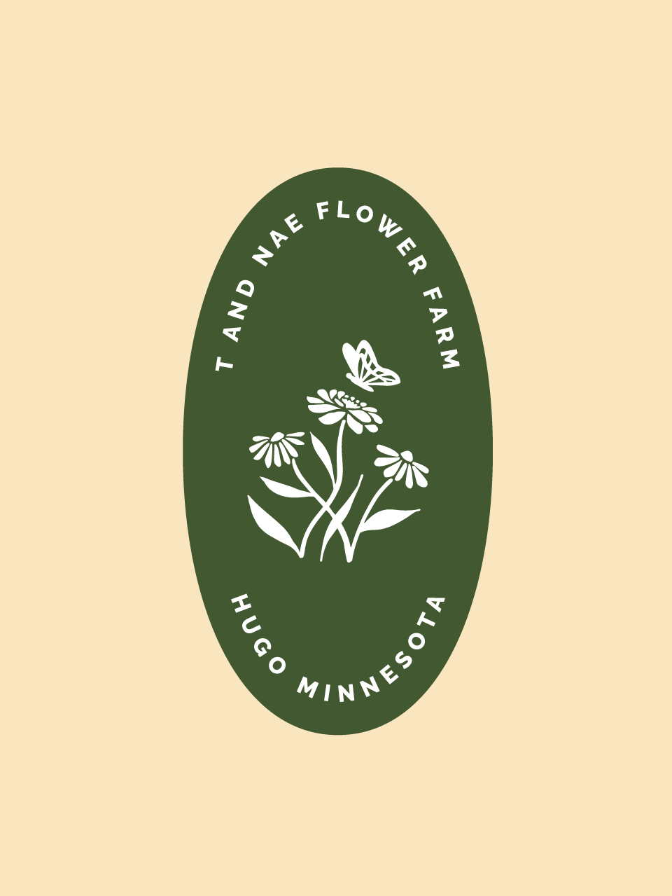 T and Nae Flower Farm logo, featuring three flowers and a butterfly