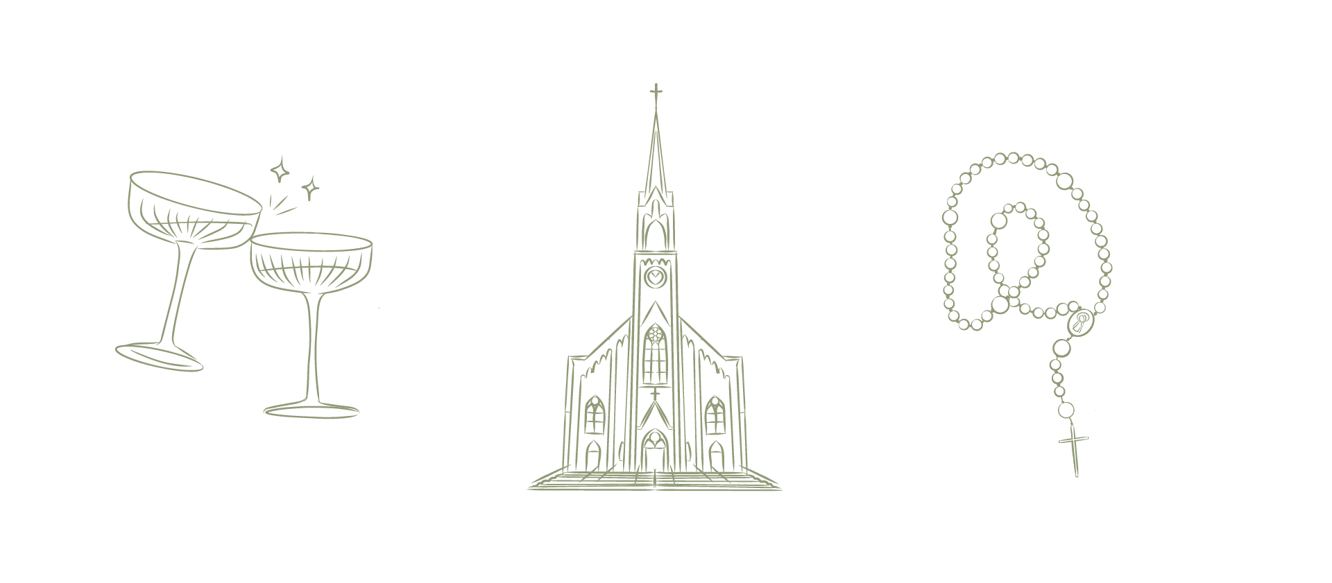 cheers, church, and rosary illustrations for luxury wedding planner by Caitlin Hottinger Design