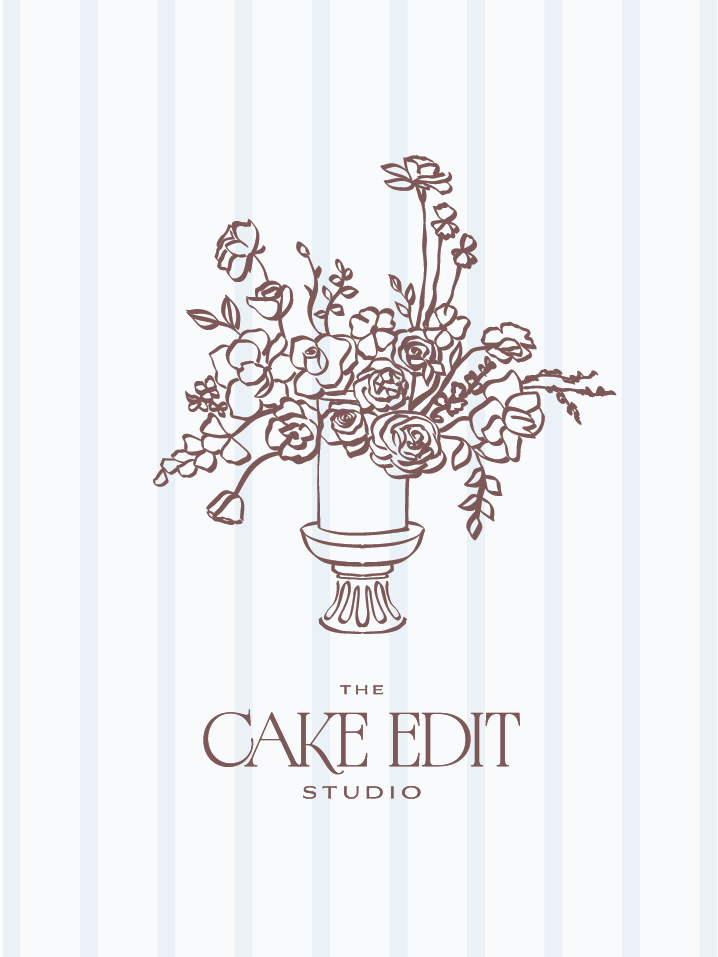 Logo featuring a detailed floral arrangement atop a pedestal with the text 'The Cake Edit Studio' beneath it on a light blue striped background.