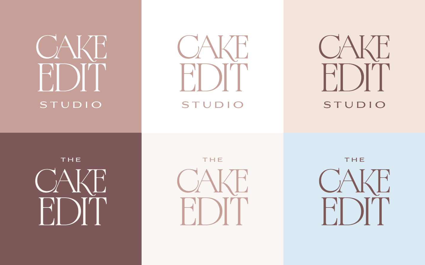Six variations of the 'Cake Edit Studio' logo with different background colors and text layouts.