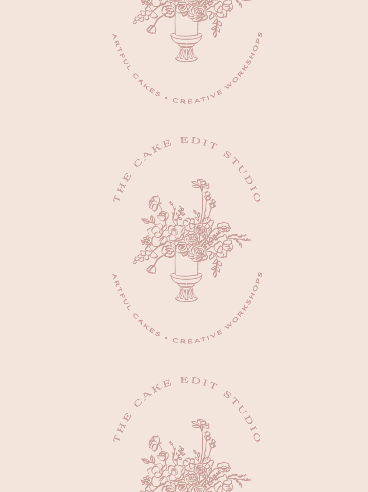 Logo design featuring a vase with flowers and the text 'The Cake Edit Studio' with the tagline 'Artful Cakes • Creative Workshops' in a circular layout.
