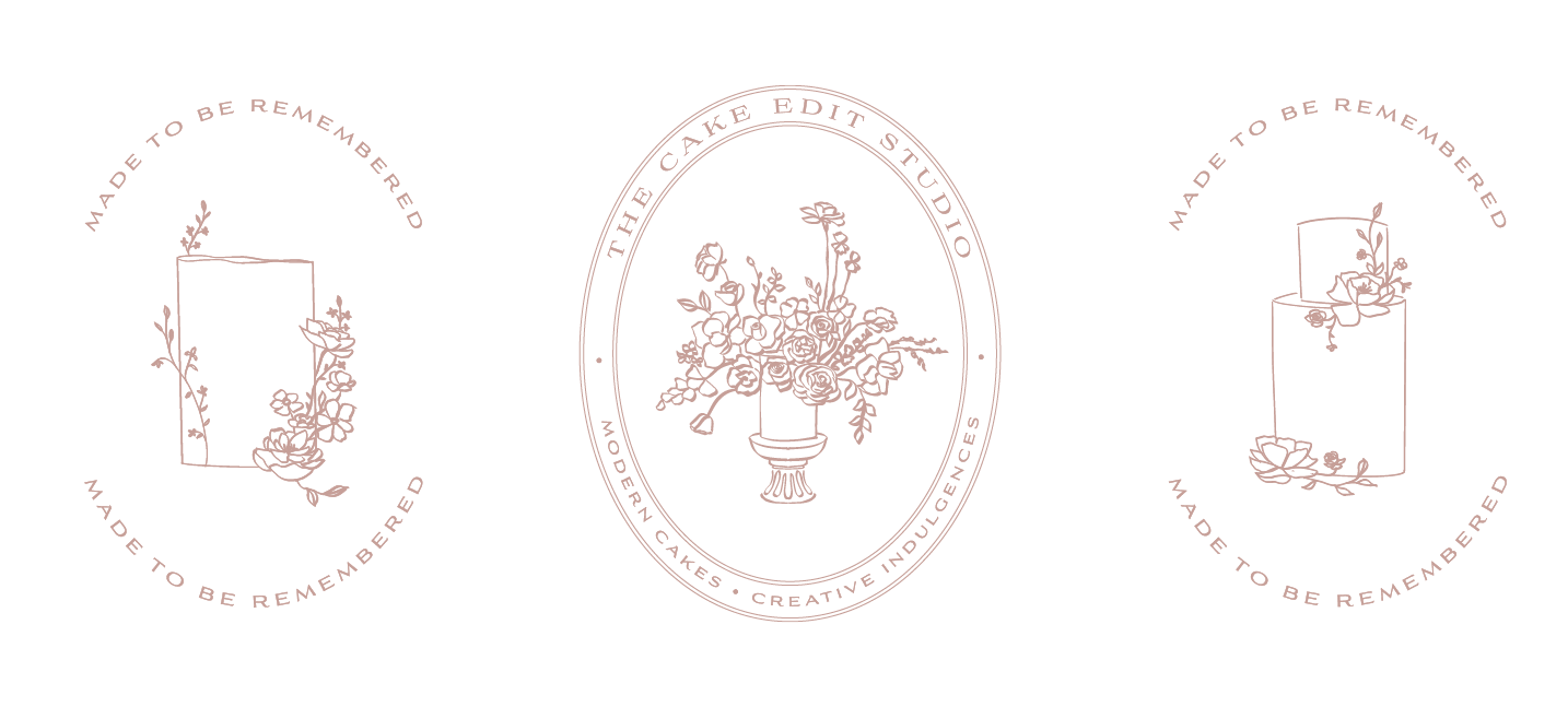 Three elegant logos with floral designs: left and right logos feature two-tier cakes with flowers and the phrase 'Made to be remembered'; center logo is an oval frame with a flower bouquet and text 'The Cake Edit Studio, Modern Cakes, Creative Indulgences'.