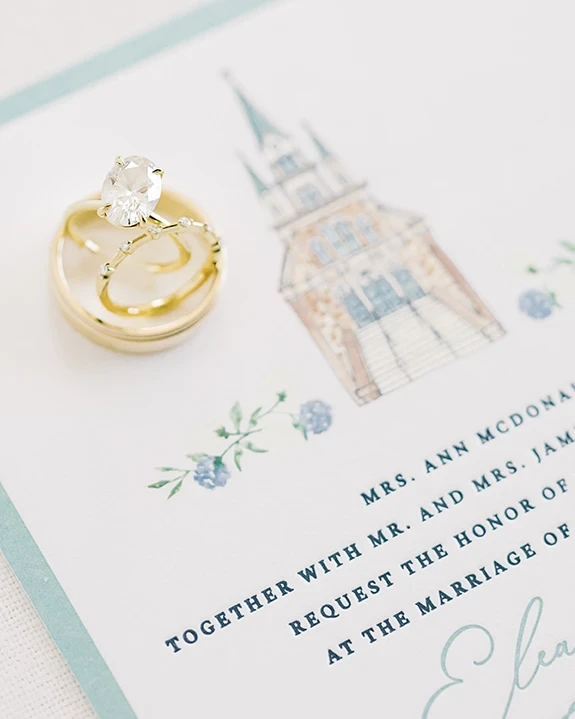 Gold wedding and engagement rings placed on a floral-themed wedding invitation card.