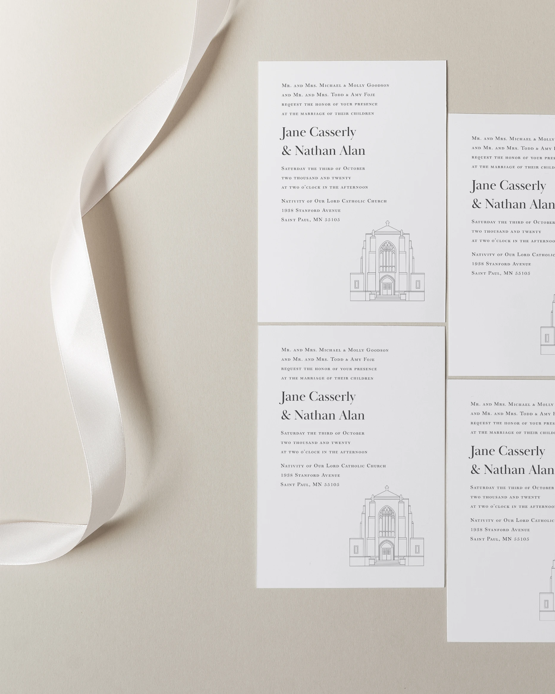 Wedding invitations for Jane Casserly and Nathan Alan with church illustration and white ribbon on beige.