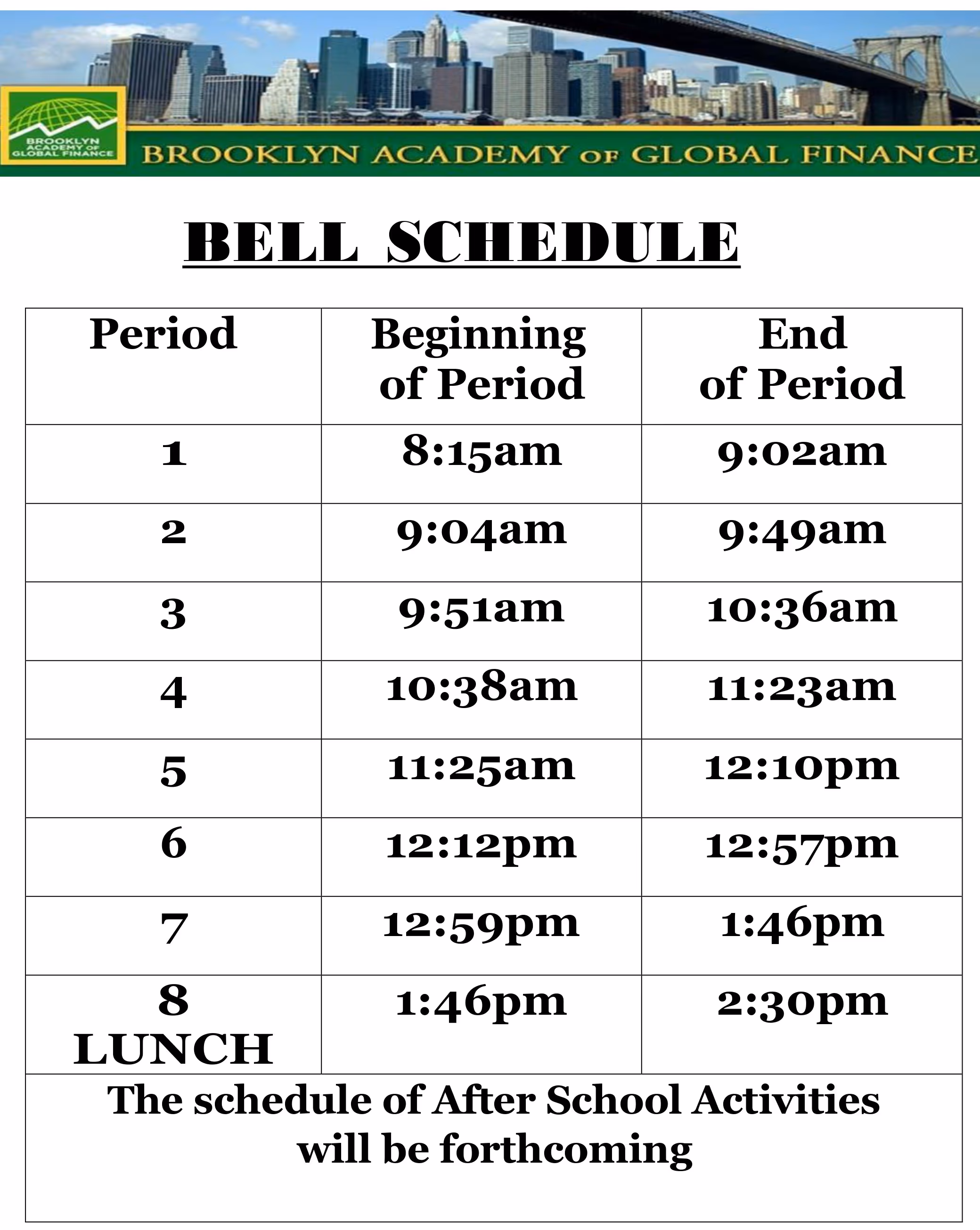 The Brooklyn Academy of Global Finance Bell Schedule