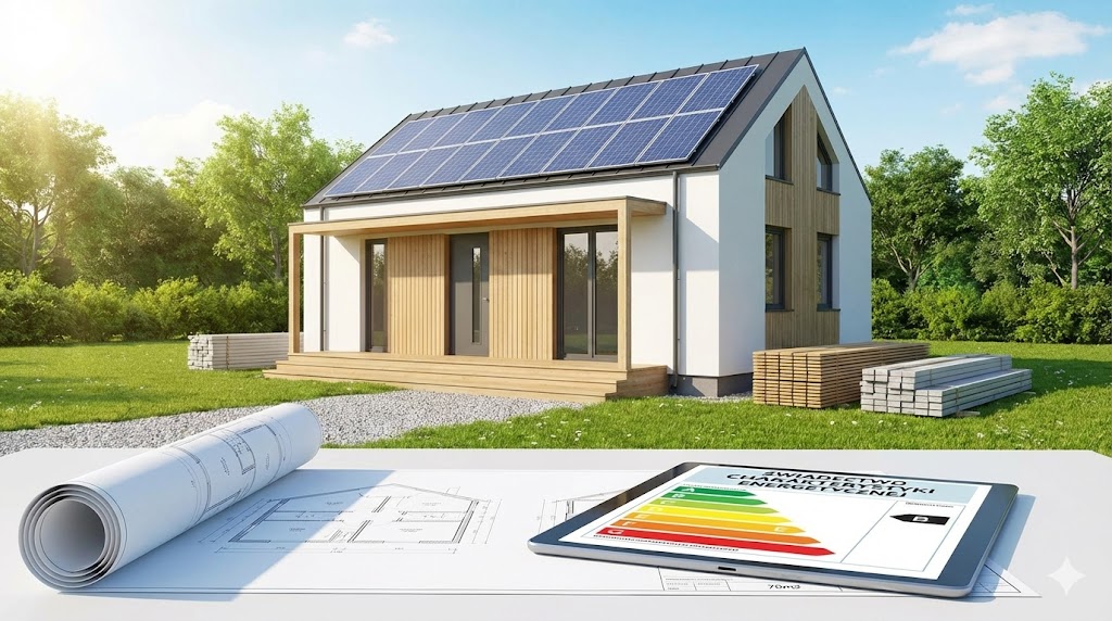 szeregowe domy z czerwoną dachówką widoczne w oddali położone w lesie nad jeziorem  