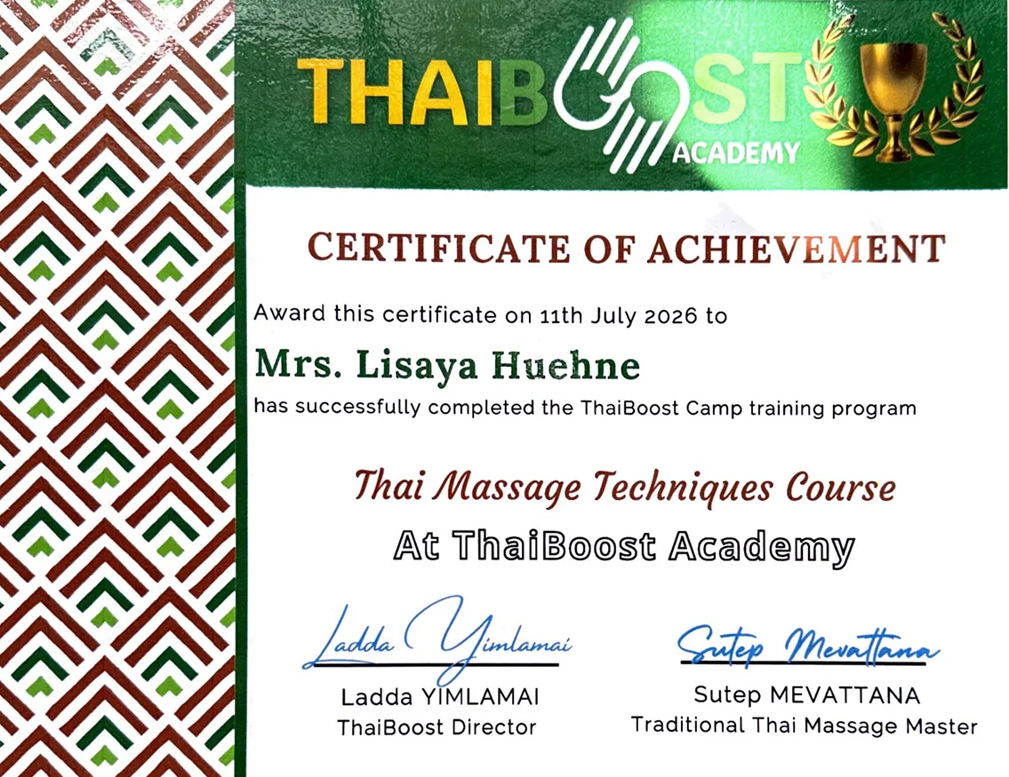 Zertifikat ThaiBoost Academy – Thai Massage Techniques Course, Lisaya Hühne, Juli 2026
