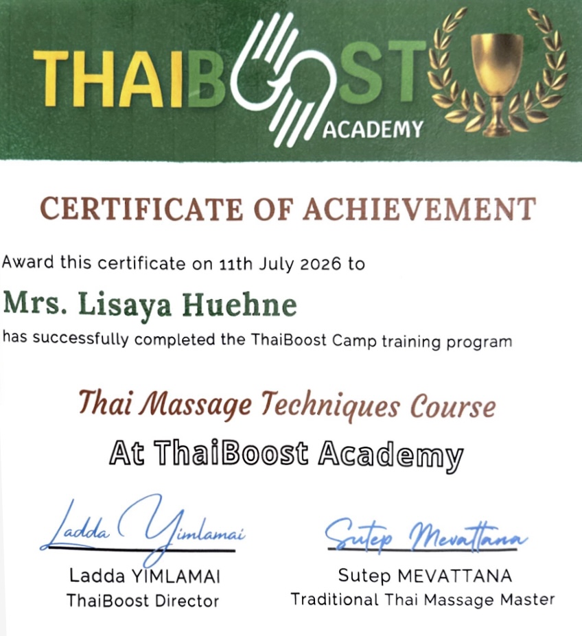 Zertifikat ThaiBoost Academy – Thai Massage Techniques Course, Lisaya Hühne, Juli 2026