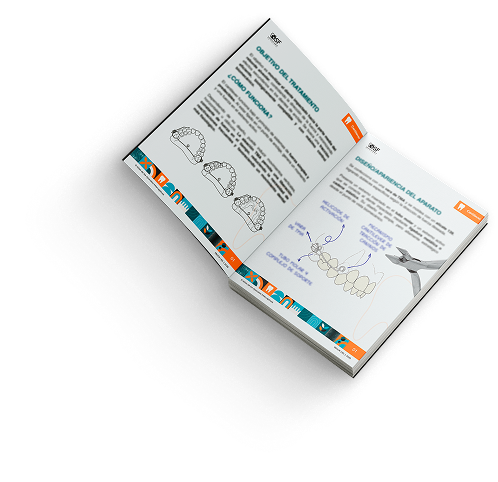 Open book showing dental treatment objectives and biomechanics with diagrams of teeth and orthodontic wire application.