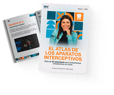 Cover of a Spanish orthodontic guide titled 'El Atlas de los Aparatos Interceptivos' featuring a smiling woman with brown hair and a turquoise shirt, along with partially visible inside pages.