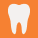 White stylized tooth icon on an orange square background.