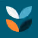 Four stylized leaves in blue, light blue, orange, and white on a teal background arranged in a diamond shape.