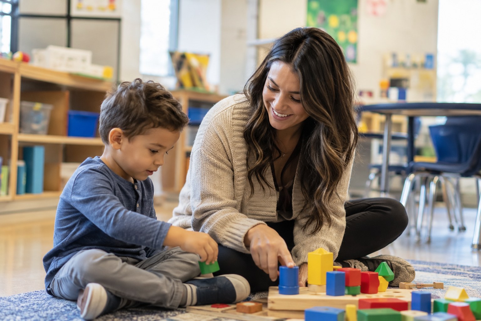 Child practicing classroom transitions and peer interaction with compassionate in-school ABA support in Towson, MD