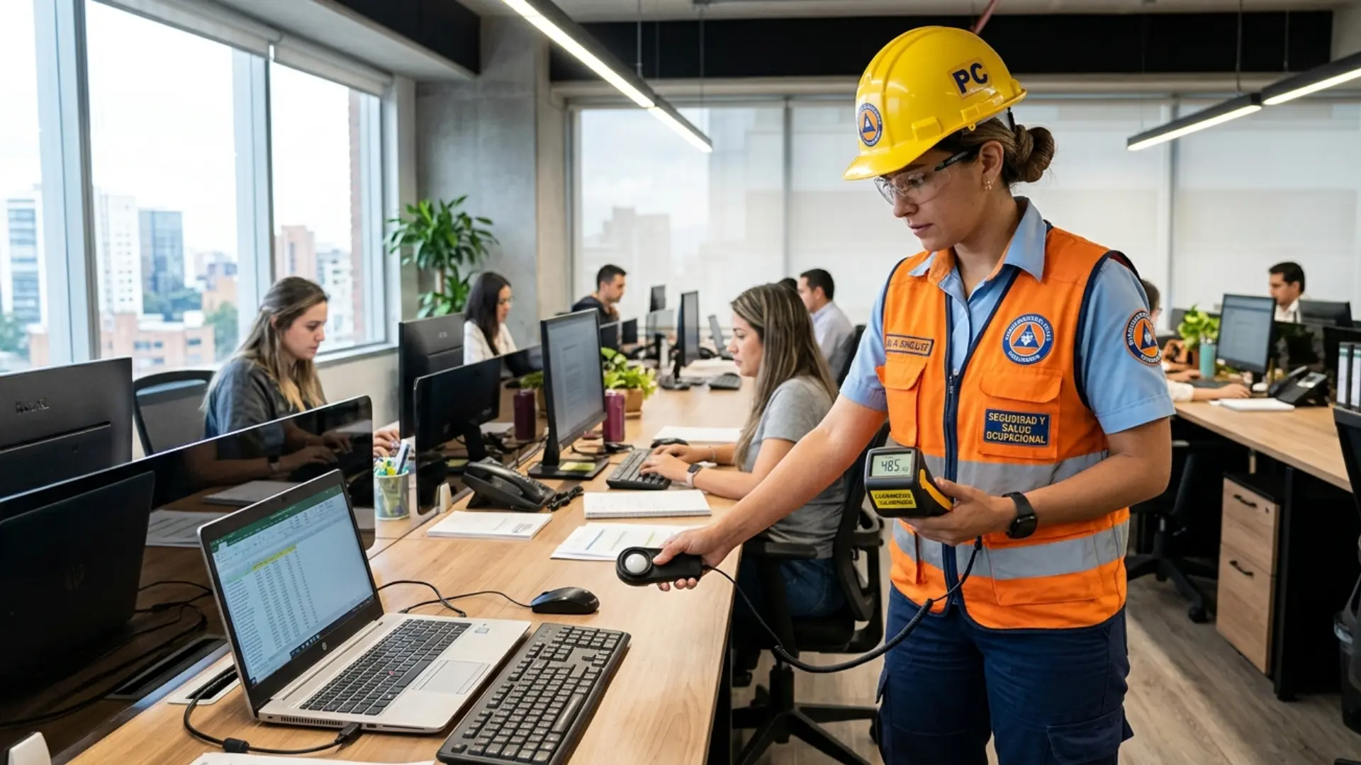 Medición de iluminación con luxómetro en planta industrial