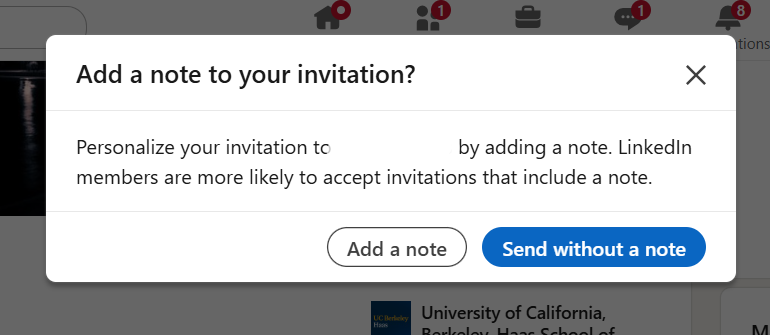 Screenshot of LinkedIn showing the option to add a personalized note when sending a connection request.