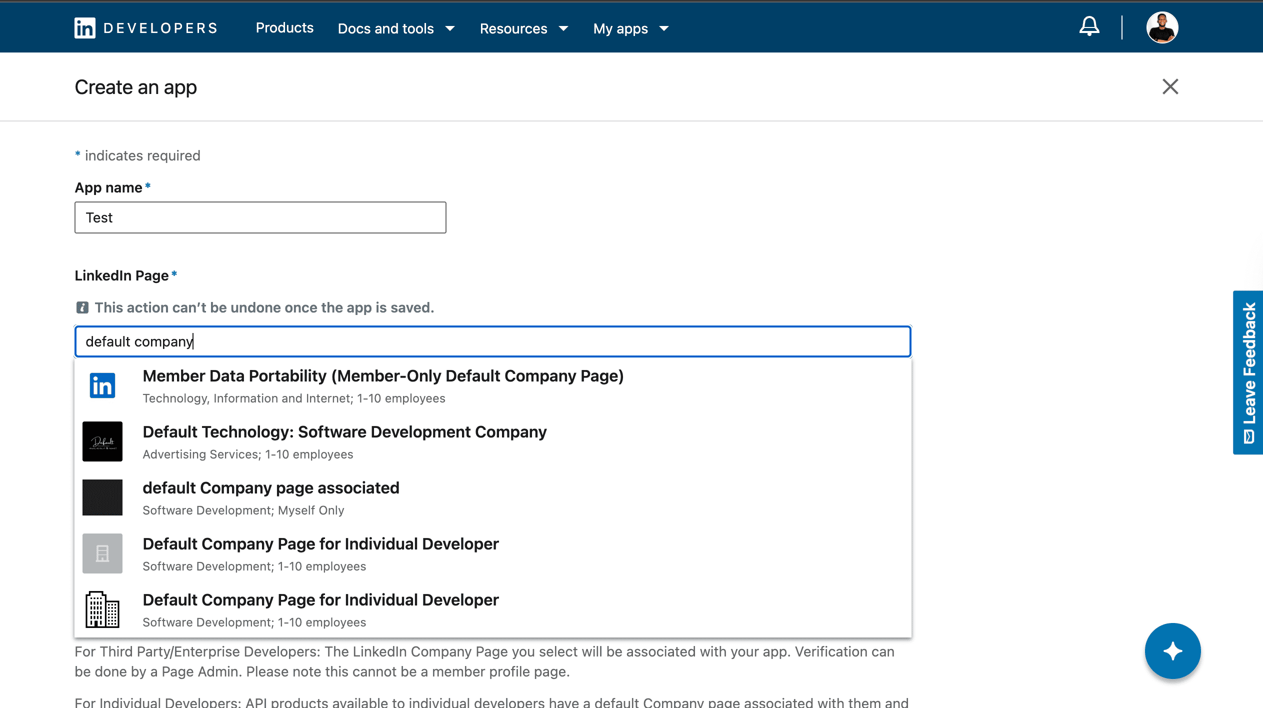 Create an app: app details like name and linkedIn page