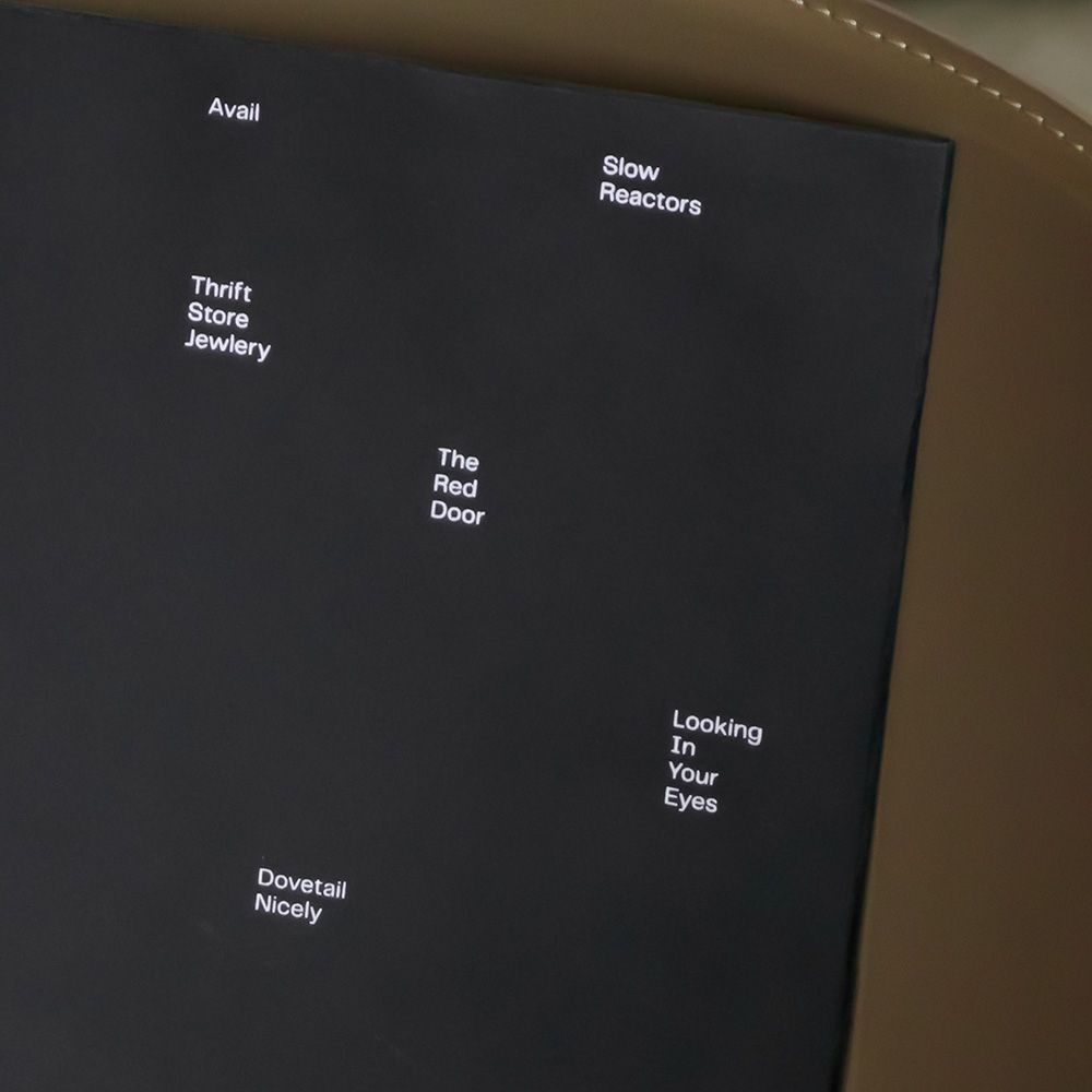 Back side of a black record jacket leaning against the back of a leather chair. The names of the album’s first six tracks are scattered across it.