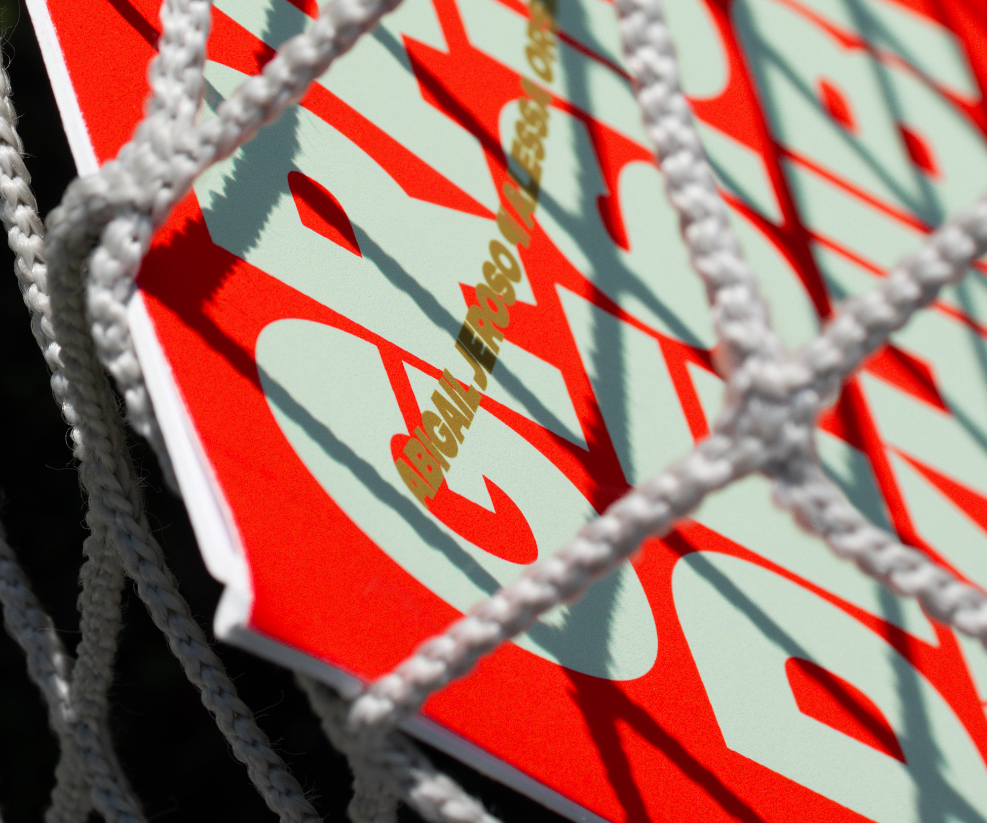 Closeup of the poster’s top-left corner, seen through a soccer net.