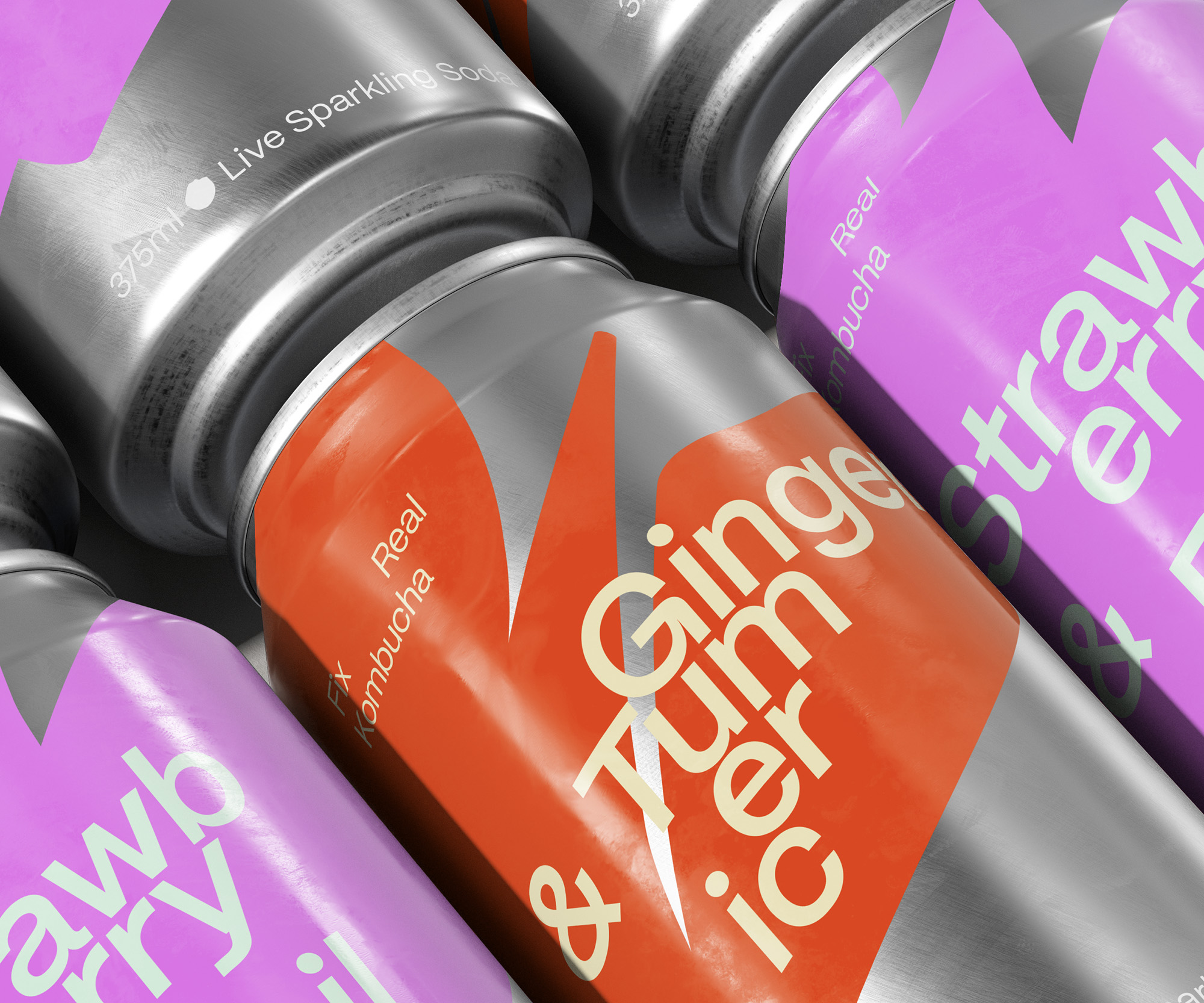 Closeup of kombucha cans with bright red or pink shapes (depending on the flavour) and pastel text printed over the cans’ metal surface.