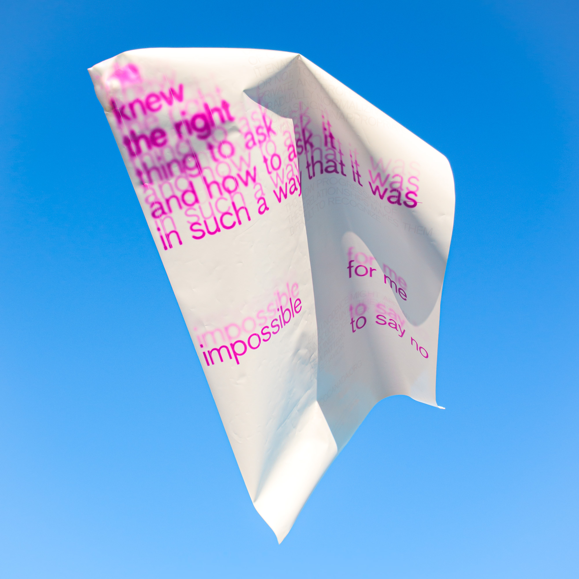 Upward shot of an off-white poster flying in a clear sky. Vibrant, intermittently blurry pink text reads “He knew the right thing to ask, and the right way to ask it, in such a way that it was impossible for me to say no.  Uppercase text contextualizing the quote is placed around it, pale enough to barely be visible. 