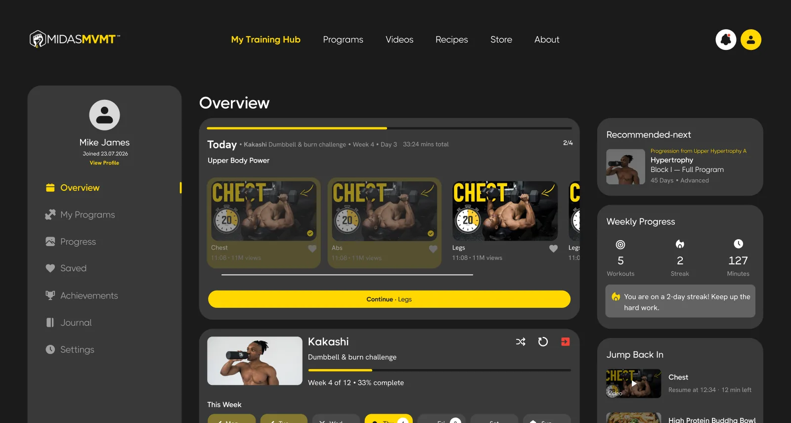 The MIDASMVMT training hub showing today's workout, weekly progress and program tracking