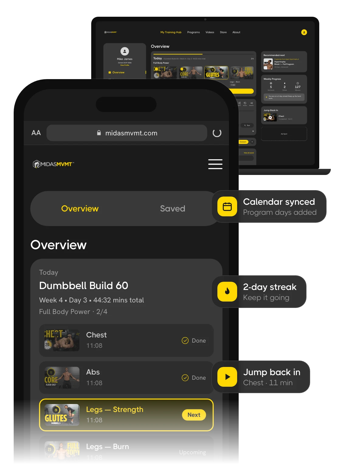 The MIDASMVMT training hub showing today's workout, weekly progress and program tracking