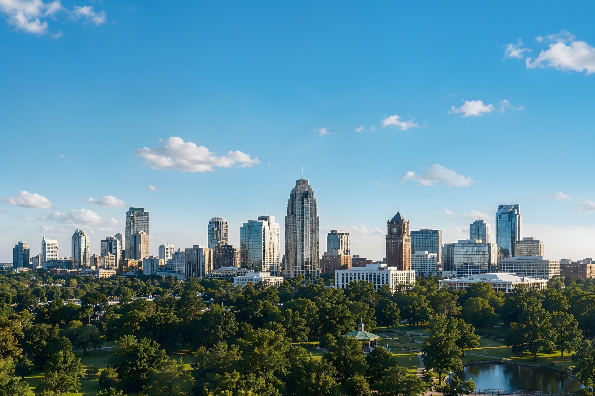 Vista aérea del centro de Raleigh, Carolina del Norte, a la hora dorada