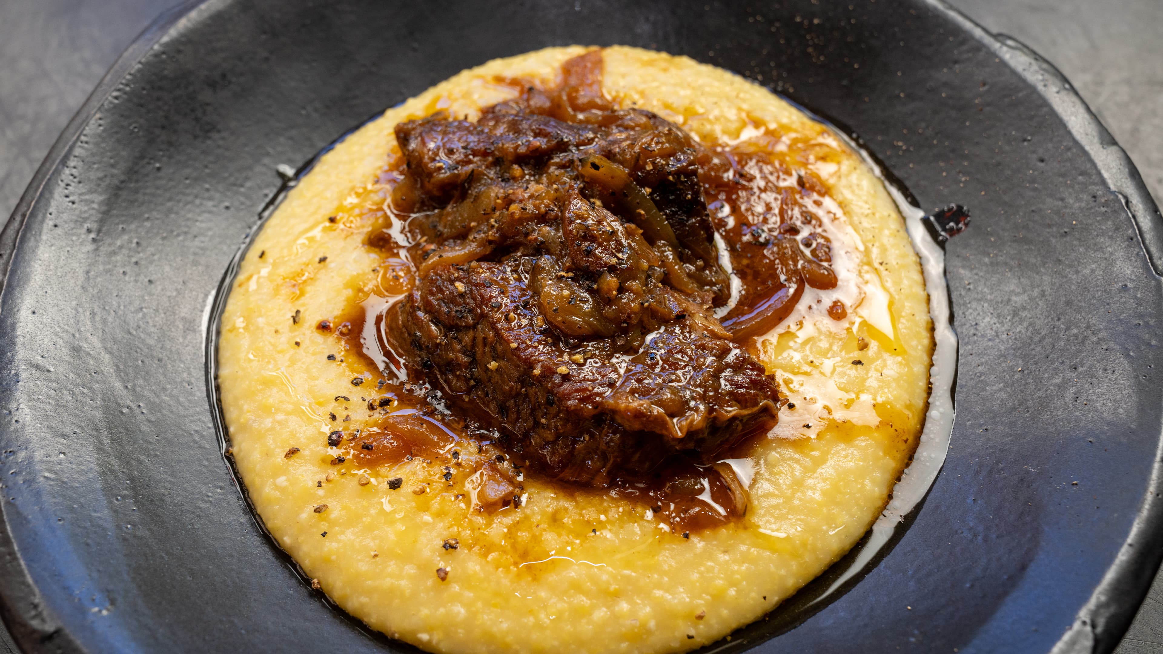 Slow Cooker Braised Beef over Creamy Polenta