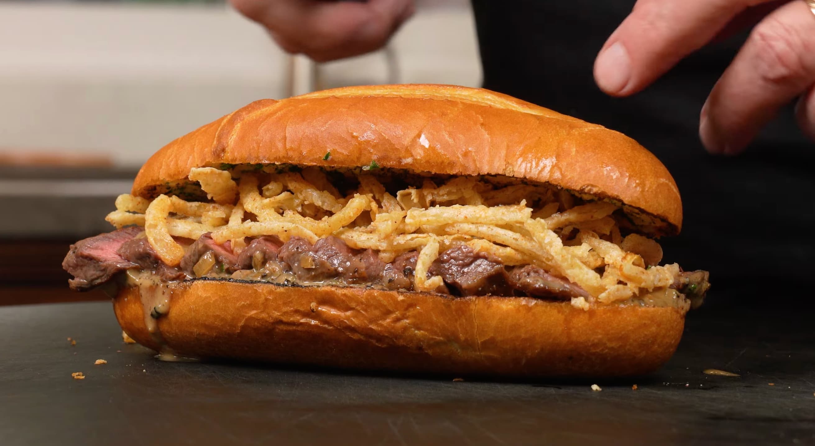 Steak au Poivre Sandwich with Crispy Onions