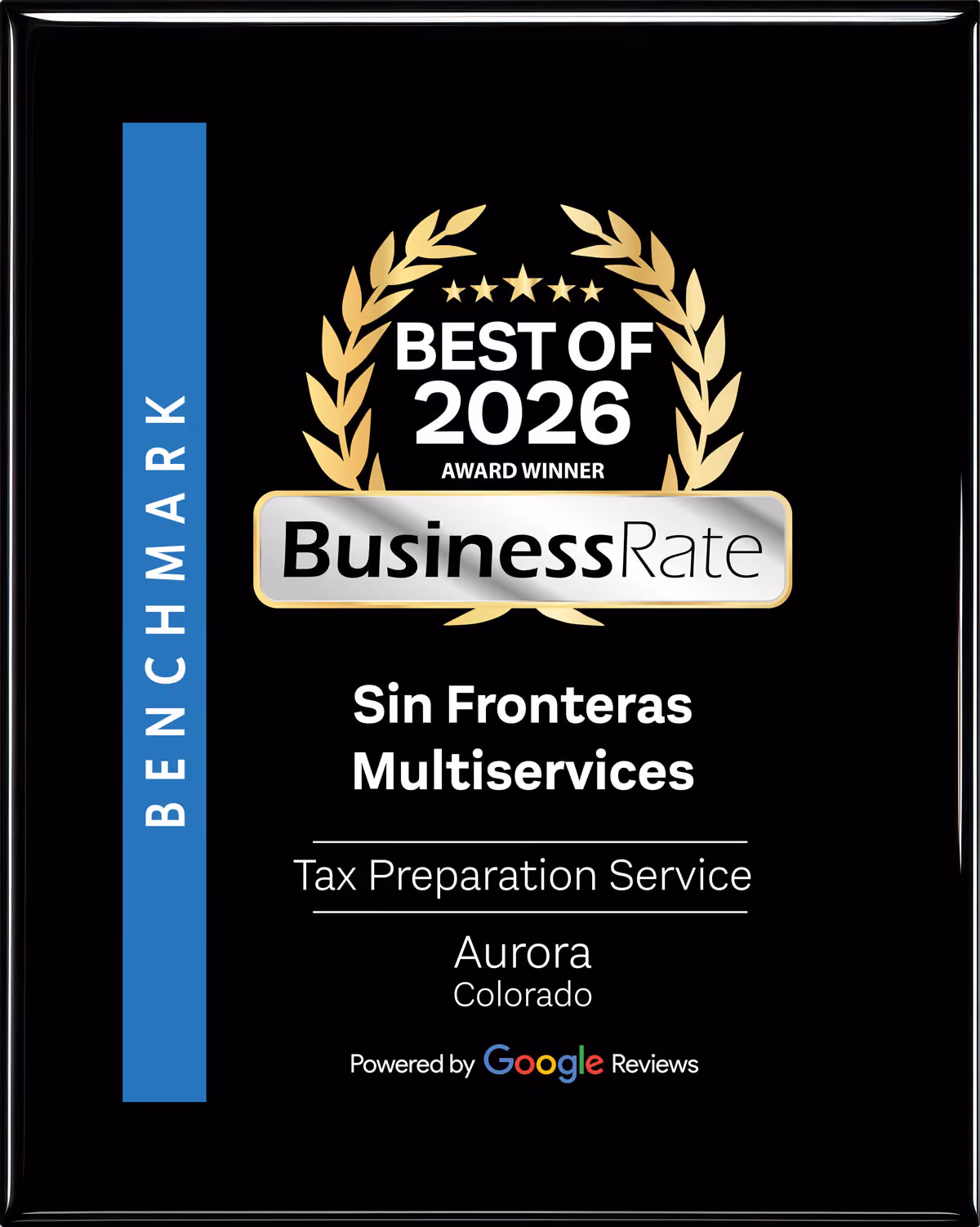 Best of 2026 BusinessRate plaque awarded to Sin Fronteras Multiservices